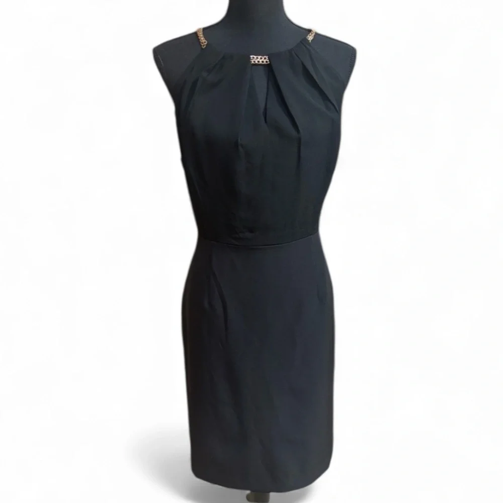 ASHLEY GRAHAM BLACK SLEEVELESS FORMAL GOLD CHAIN HALTER STYLE MIDI DRESS SZ 14 - Picture 9 of 10